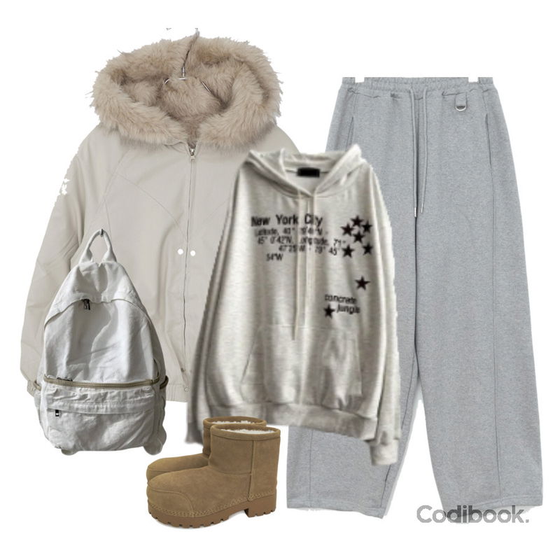 binary01 콜오버 소가죽 어그부츠,wonderwonder 론론 빈티지 워싱 무지 백팩,wonderwonder 보인 후드 퍼 후드 패딩 점퍼등을 매치한 코디