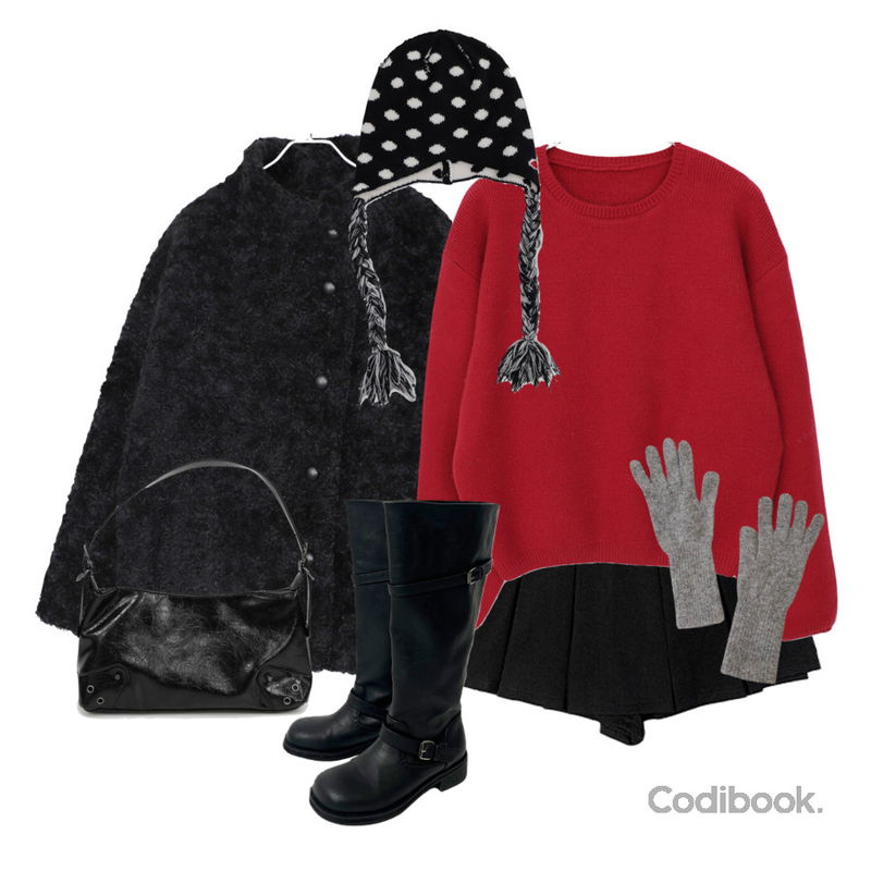 anyonemore 르베 플리츠 미니 스커트 (2color),anyonemore 오빅 셔링 바이커 버클 롱 부츠 (2color),lovesomeone (스마트터치/울15%) 뮤티즈 앙고라 울 핑거홀 터치 니트 장갑등을 매치한 코디