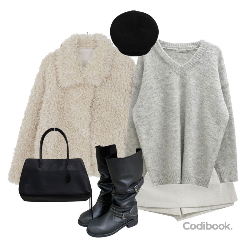 DAILYJOU 다로 빈티지 버클 와이드 롱 부츠,binary01 로울 앙고라 마도로스 캡,WONLOG WONT 퍼지 울 브이넥 니트등을 매치한 코디