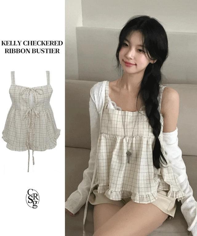 켈리 체크 리본 뷔스티에 나시 블라우스