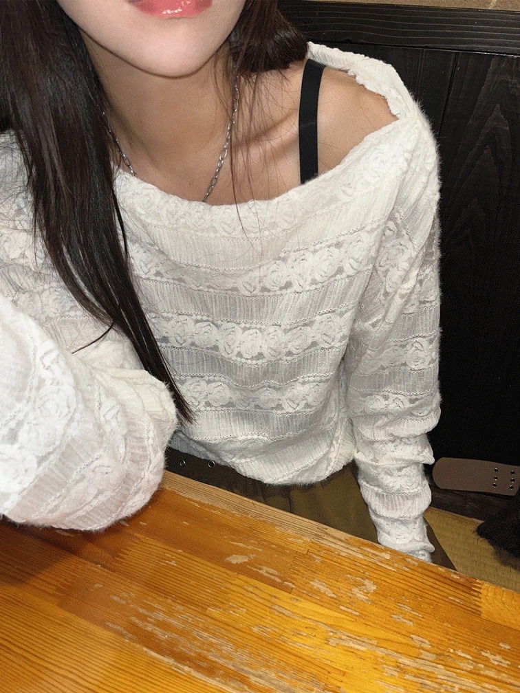 絨毛蕾絲V領長袖上衣 (人氣商品配送延遲)