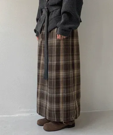 올라인 기모 체크 밴딩 롱 스커트