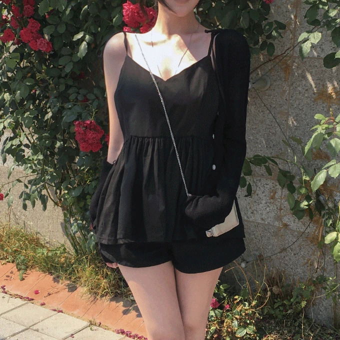 V領褶皺綁帶連身工作褲