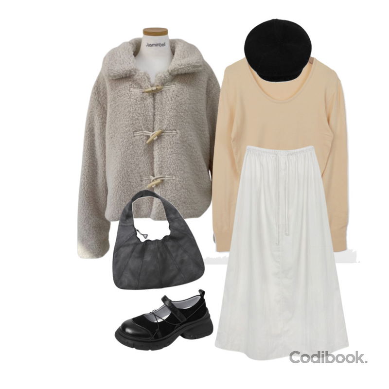 JASMINBELL 젤리뽀 양털 뽀글이 떡볶이 코트 숏 자켓,ondeed 웨일 스트라이프 단가라 무지 버튼 단추 크롭 니트,CHAAKAN 메이블 메리제인 스니커즈 더착한 PMSDR3g859등을 매치한 코디