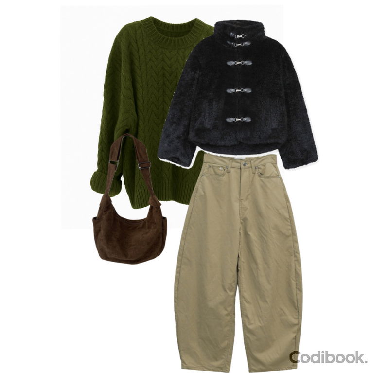 JASMINBELL 테빈 스웨이드 반달 보부상백 빅 숄더백 크로스백 가방 데일리 캐주얼 코디아이템,binary01 리모브 비조 와이드팬츠,BEIDELLI 비트 퍼 무스탕 자켓등을 매치한 코디