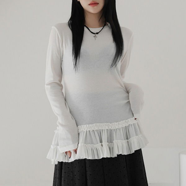 疊層荷葉邊長袖上衣