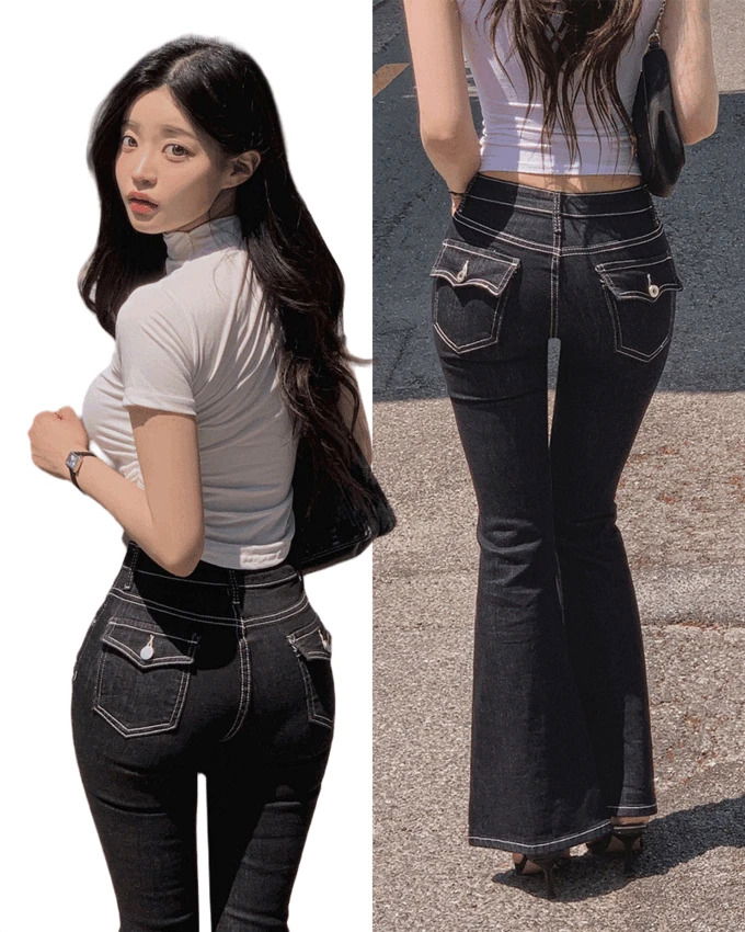 鏡面線低腰排扣後口袋靴型原色牛仔褲