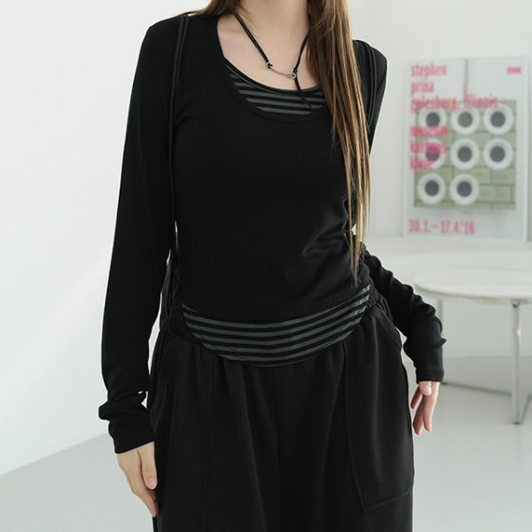 層次配色圓領長袖T恤