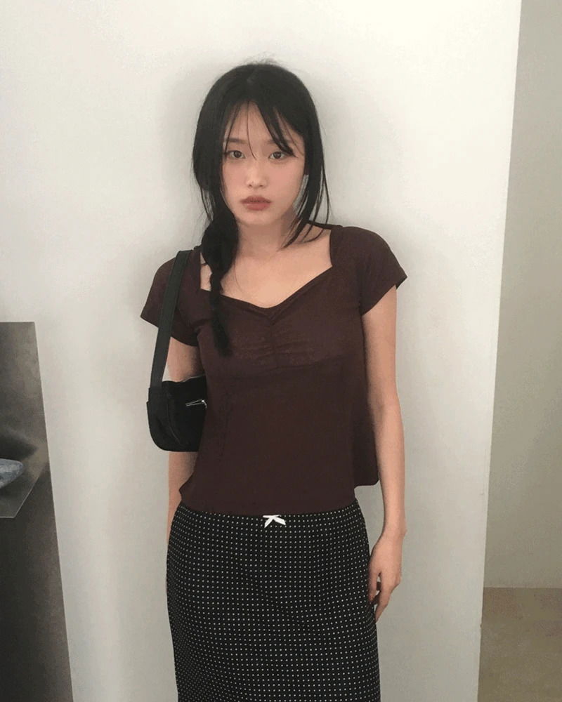 透視感方領抓褶短版T恤