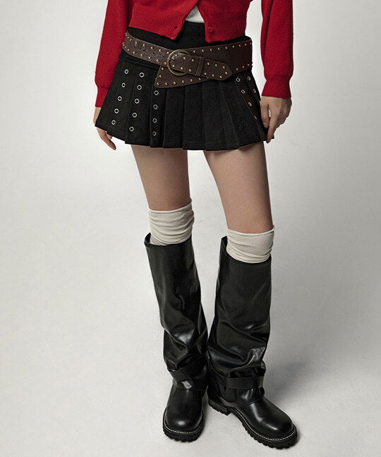 Amats Eyelet Suede Low-Rise Pleated Mini Skirt Belt Set 套装