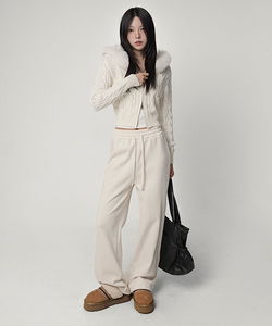 凱琦質感麻花針織絨毛連帽拉鍊長褲套裝