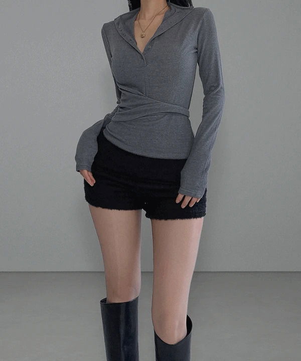 Hip Two-Way Turtleneck Collar Wrap-Style Slim Long-Sleeve T-Shirt Top