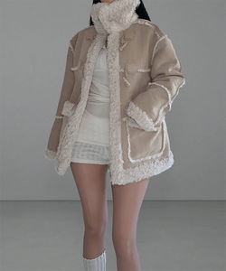 Winter High Neck Suede Tteokbokki Half Shearling Coat Jacket