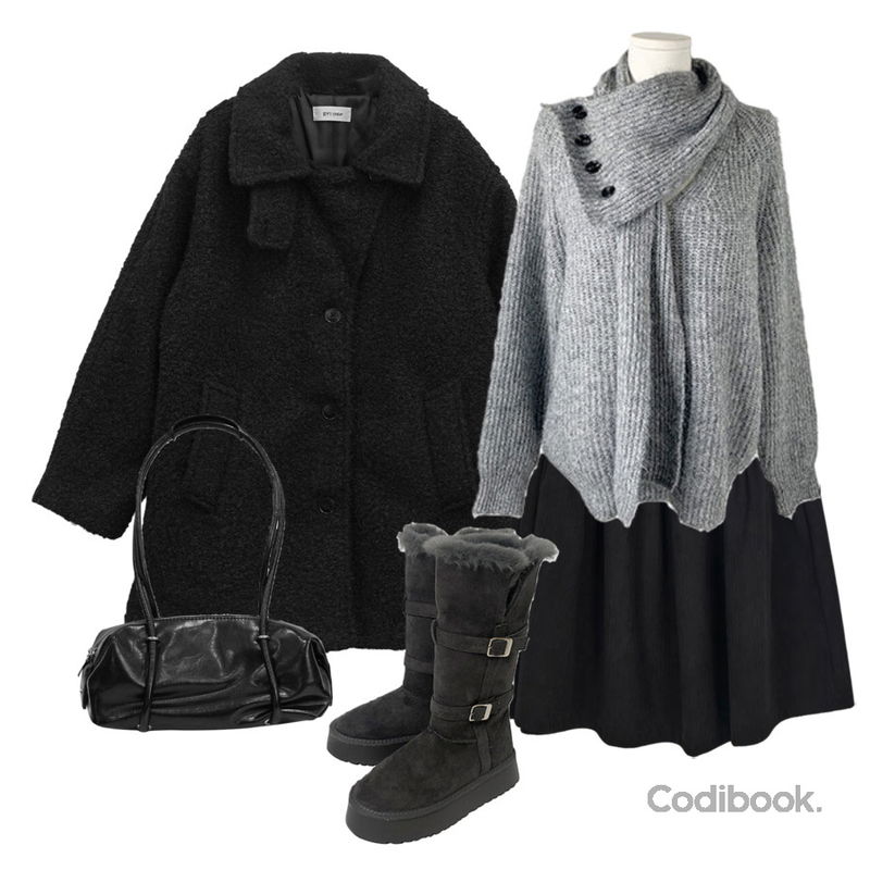 binary01 디븐 숄더백&토드백,binary01 테즌 부클 하프코트,EEZEE Brown Preppy Skirt SK021등을 매치한 코디