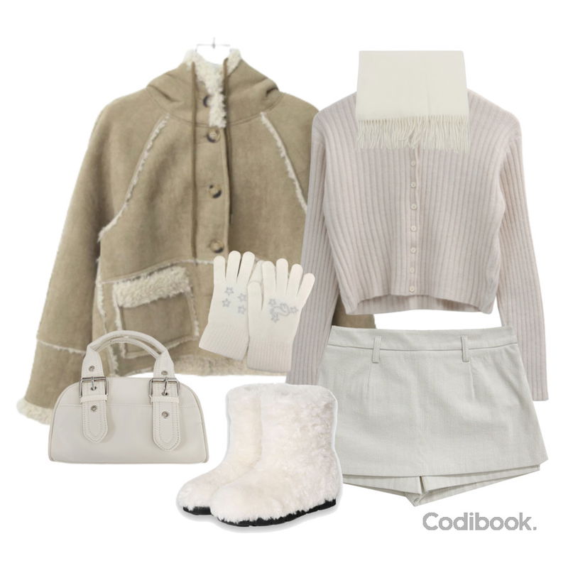 AAKE NIFTY BUCKLE BAG (5color),MAENIQUE 트리아 베이직 수술 머플러,BEIDELLI 뽀글 퍼 기모 앵클 어그 부츠등을 매치한 코디