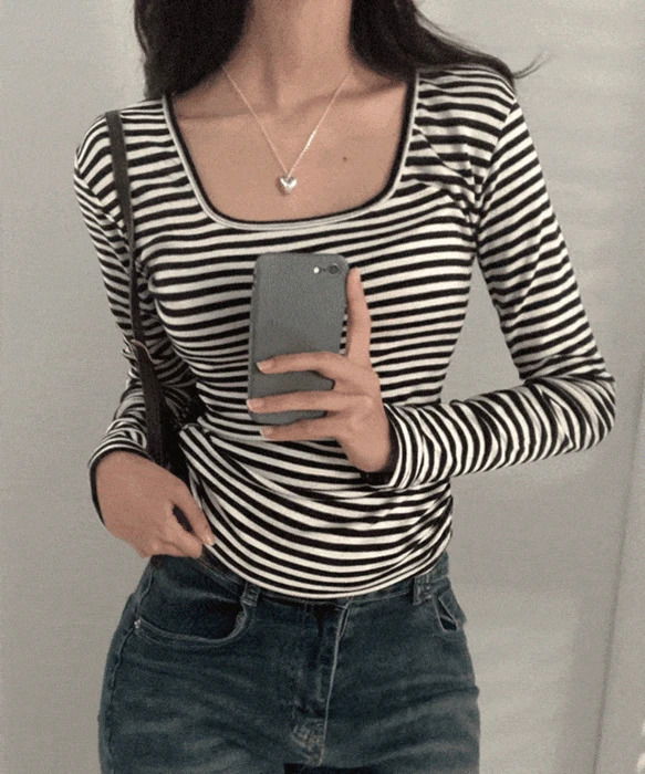 Bella Soft Square Neck Striped Modal Long Sleeve T-Shirt