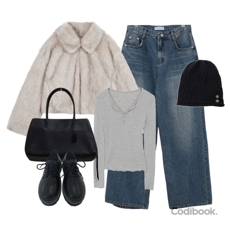 AAKE DOUBLE STITCH LOAFERS (3color),DAILYJOU 모디프 와이드 데님 팬츠,wonderwonder 치리 울 브이넥 단추 긴팔 롱 슬리브 티셔츠등을 매치한 코디