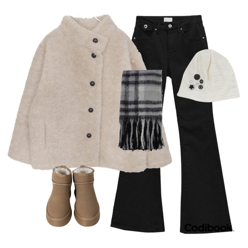 wonderwonder 프란 겨울 도톰 롱 체크 목도리 머플러,binary01 리호 미니포켓 부츠컷 팬츠,binary01 헤클렌 버튼 비니등을 매치한 코디