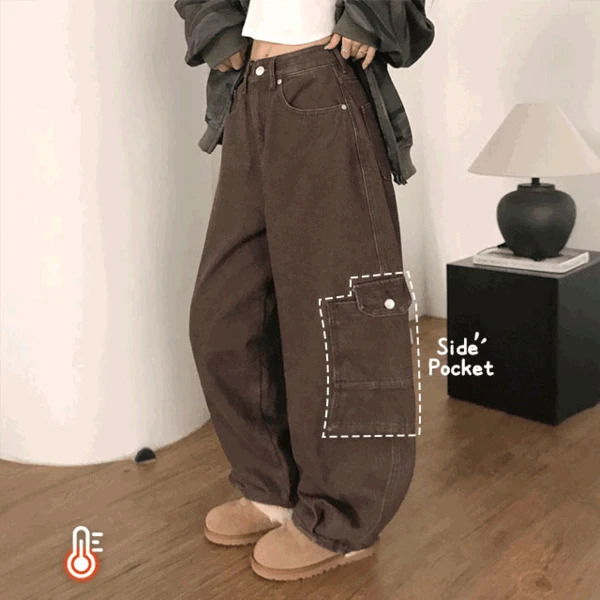 Tenji side big pocket peach Fleece-lined lining cotton wide Baggy fit wide long pants