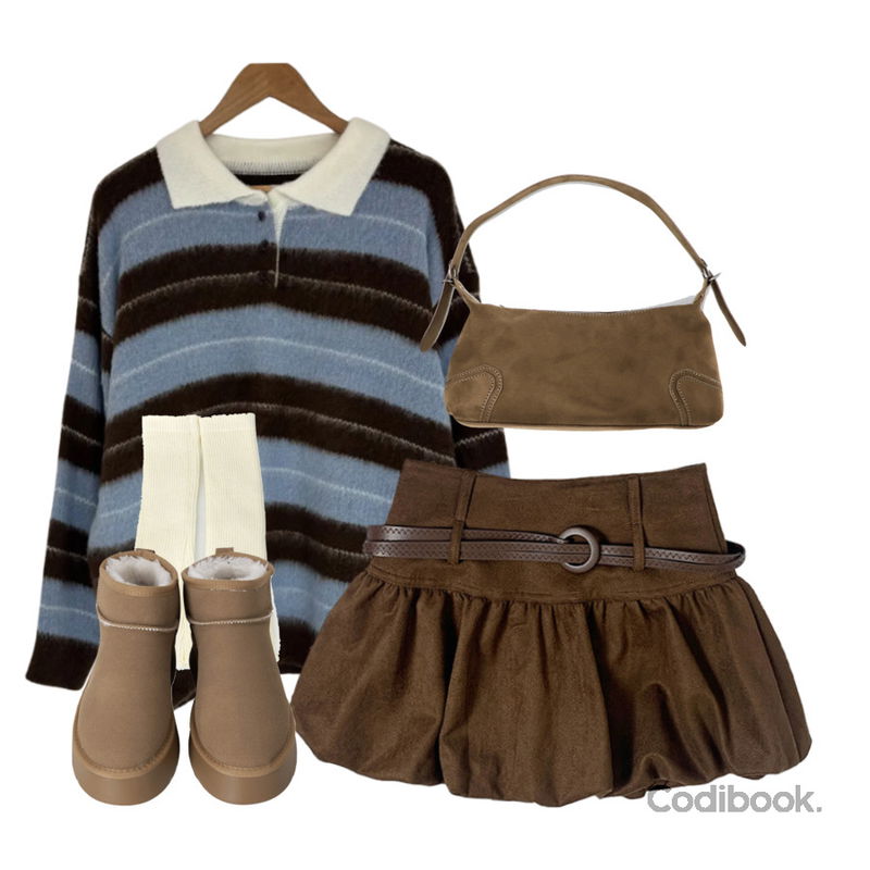 binary01 플랫폼 미니 양털부츠,wonderwonder 나온 스웨이드 크로스 숄더백,moodloveroom 포슬 카라버튼 단가라 니트등을 매치한 코디