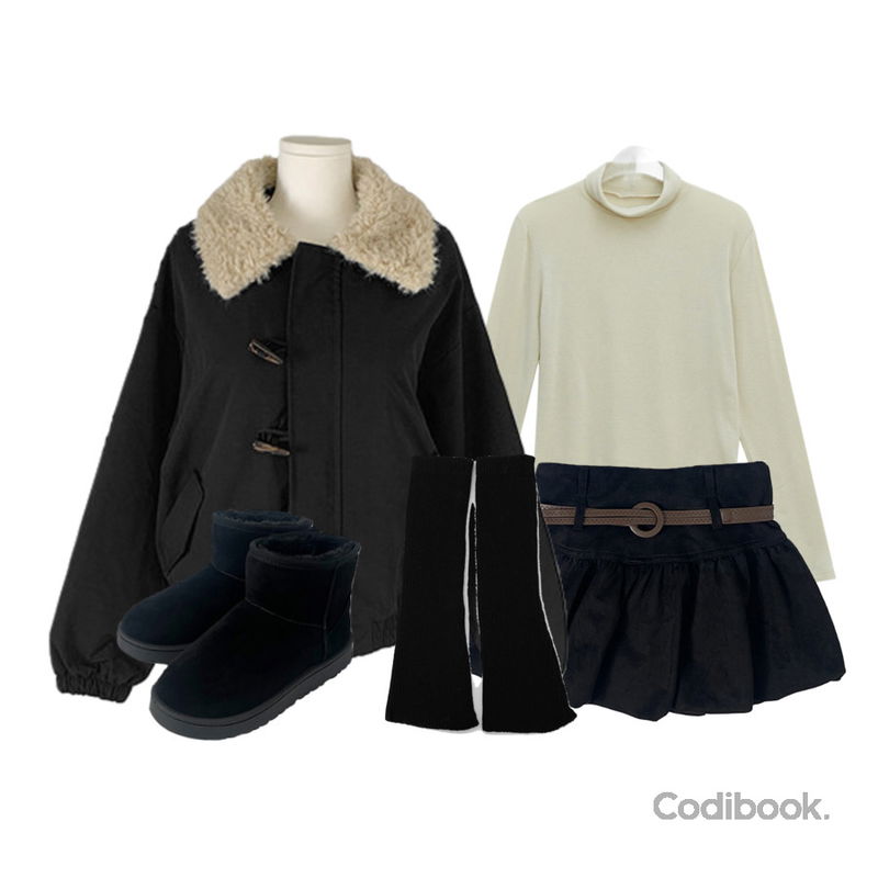 anyonemore 벤자 어그 양털 숏 부츠 (5color),binary01 인디아 베이직 울 폴라티셔츠,anyonemore 찰리 스웨이드 펌킨 벨트 미니 스커트 (2color)등을 매치한 코디