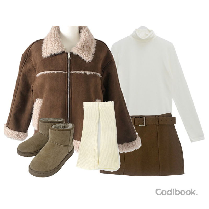 anyonemore 벤자 어그 양털 숏 부츠 (5color),binary01 인디아 베이직 울 폴라티셔츠,anyonemore 로판 울 모직 미니 벨트 스커트 (3color)등을 매치한 코디