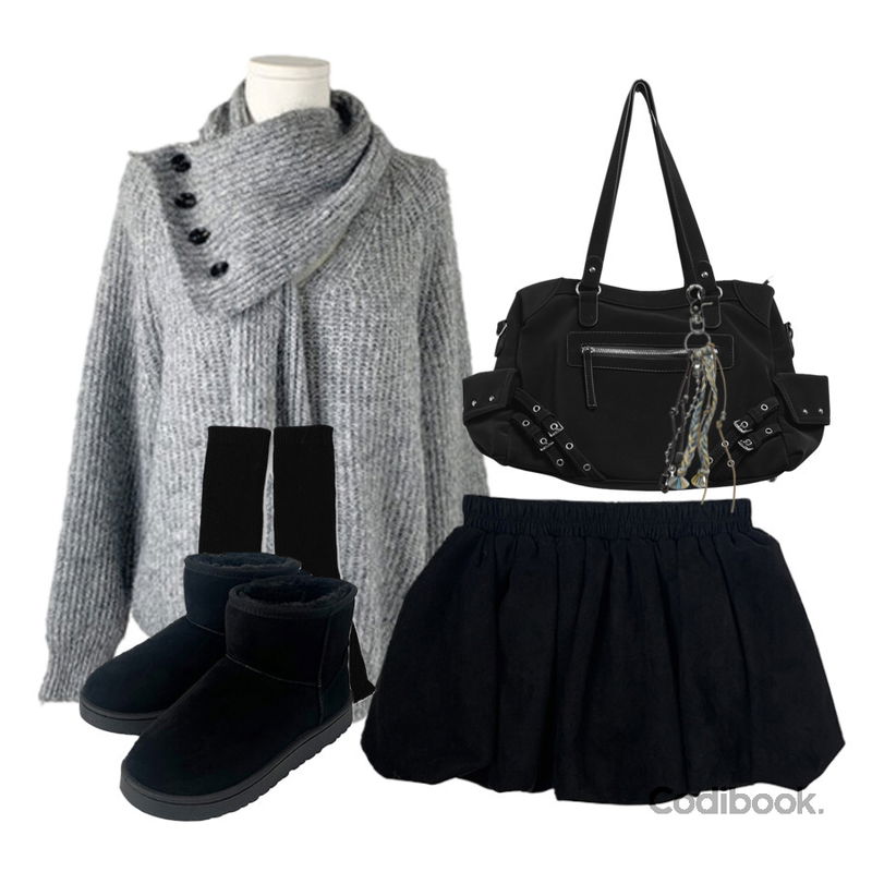 binary01 히던 믹스 키링,noirmute 디절브 아일렛 벨트 레더 빅 숄더백 EYELET BELT LEATHER BIG SHOULDER BAG,anyonemore 벤자 어그 양털 숏 부츠 (5color)등을 매치한 코디