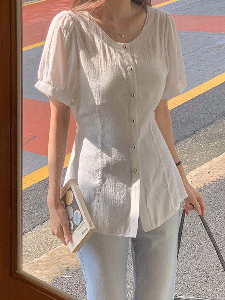 Renheju Tencel Puff Sleeve Silver Button Blouse 衬衫