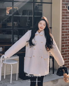 Serendipity Cara High Neck Bijou Double Button Boucle Hairy Jacket Loose A-Line Fit Half Coat