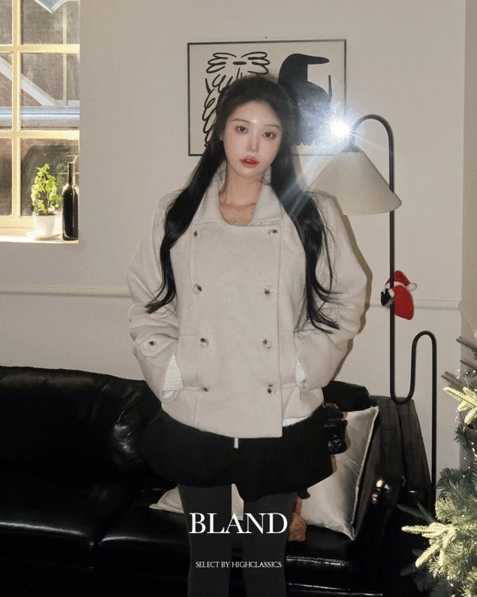 ブランドカラーネックダブルボタン裏地キルティング ベージュアバンフィットハーフコート ウールジャケット