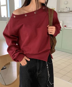 單肩開衩磨毛寬鬆運動衫-酒紅色