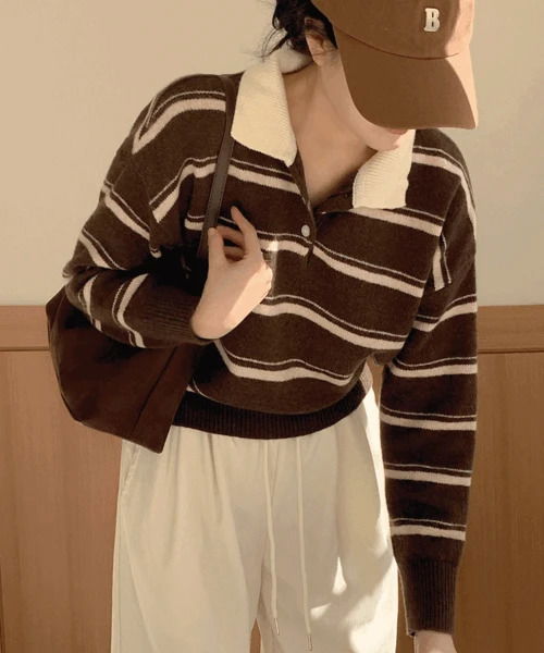 雙色條紋翻領長袖針織外套