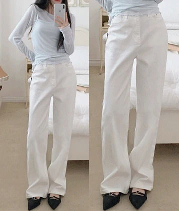 日記風寬鬆長版白色牛仔褲