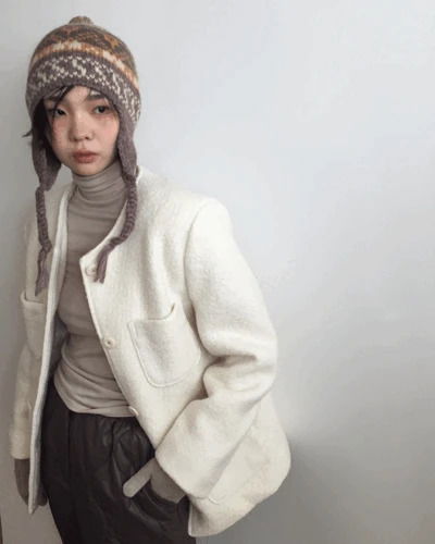 毛絨質感無領長版外套