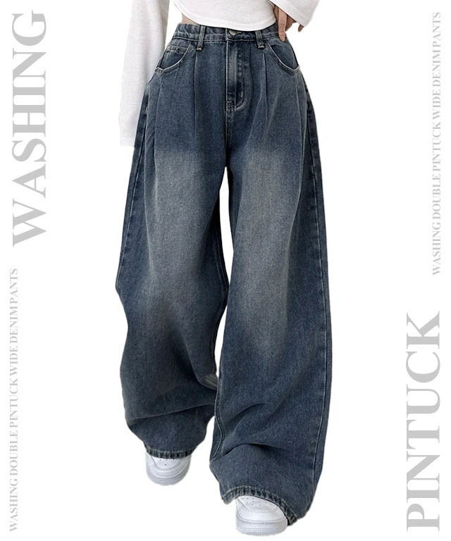 水洗雙壓褶寬版牛仔褲 (人氣商品配送延遲)