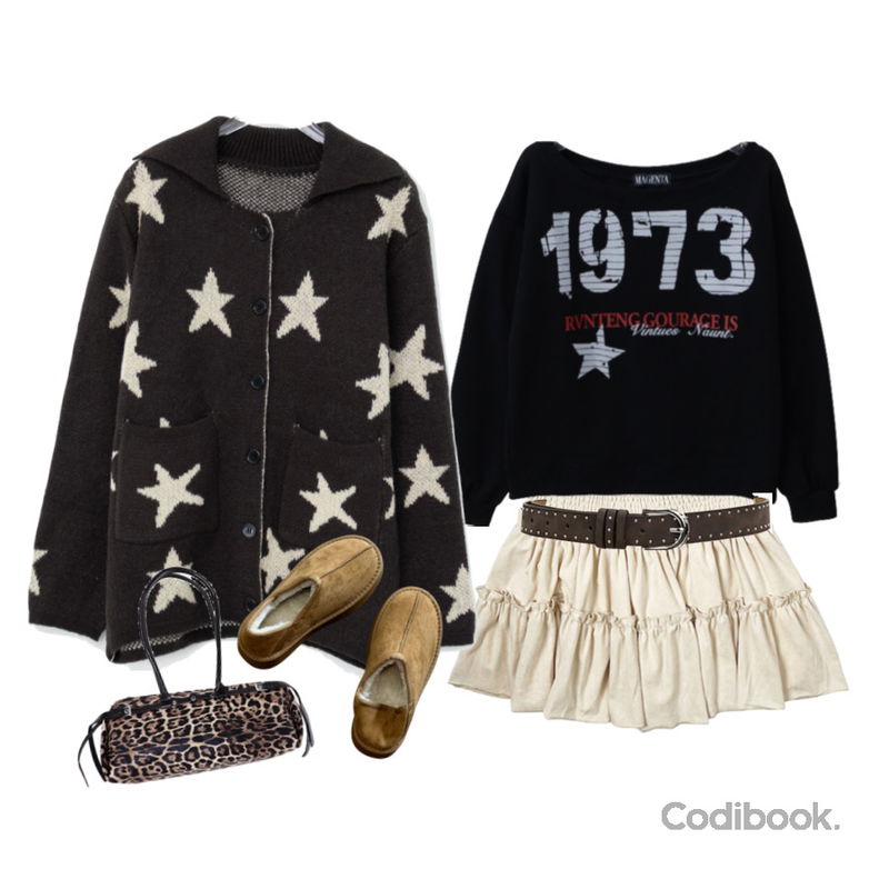 DUGGY 니로 폴딩 어그 슬립온 (1color),wonderwonder 키무 호피 바게트 숄더백,binary01 넬라 스웨이드 스터드 벨트등을 매치한 코디