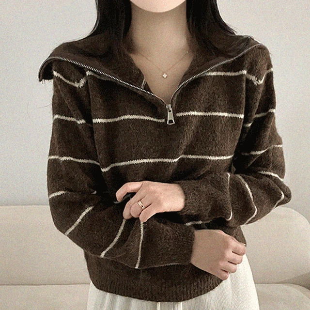 Ov Sailor Winter Half-zip Striped breasted Collar Loose-fit Knitwear 3 Colors 针织衫