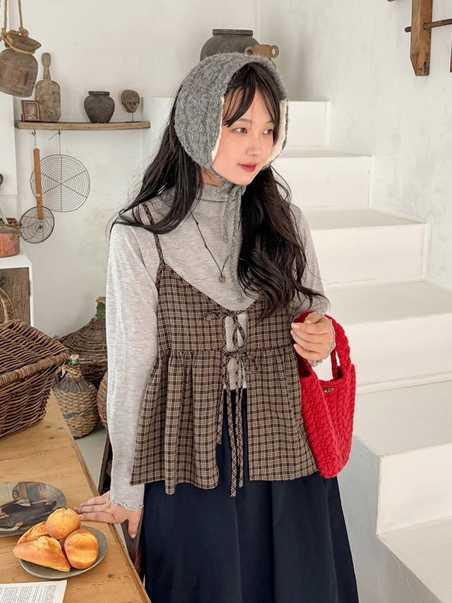 Big size 44-88 bullet-layered check double-sided ribbon strap bustier 無袖