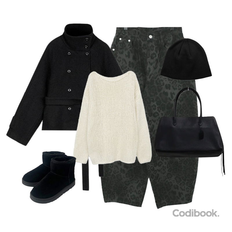 AAKE SUMMER COLORY BEANIE (11color),anyonemore 벤자 어그 양털 숏 부츠 (5color),BEIDELLI 센터 허리끈 울 숏 코트등을 매치한 코디