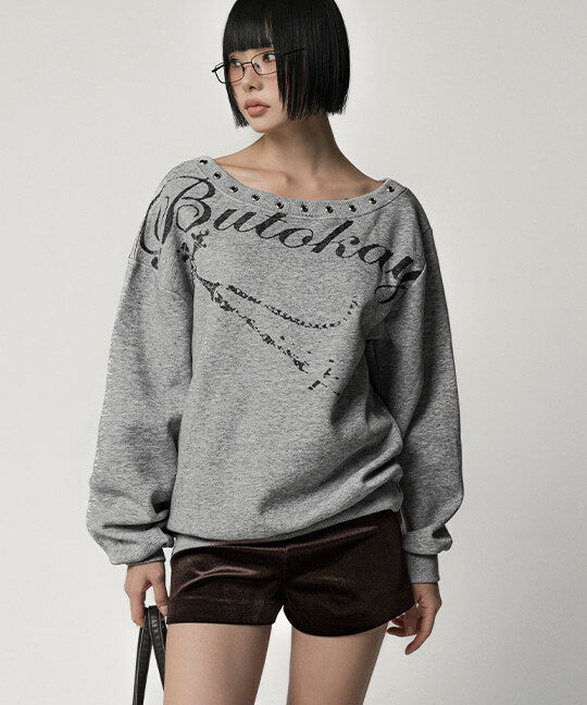Lettering Eyelet Loose-fit Off- Sweatshirt Sweatshirt