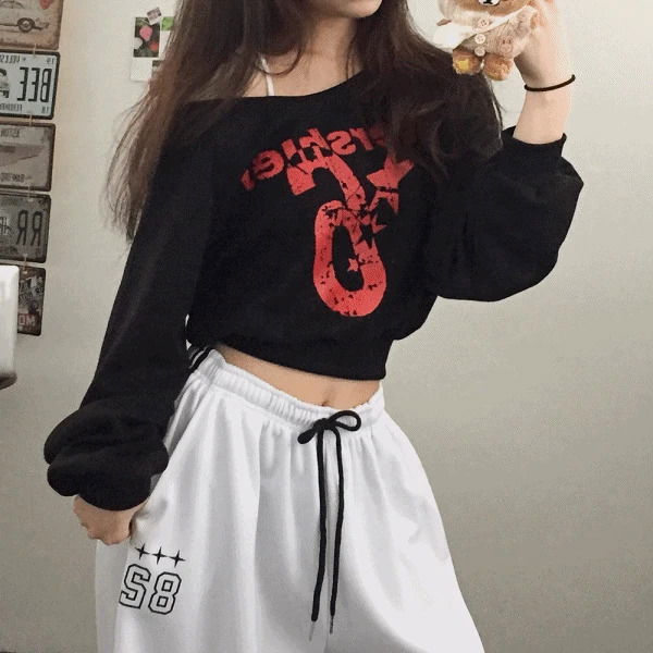 Fleece-lined Six Warm Fly Off-Shoulder Crop Sweatshirt 4 Colors 长袖上衣