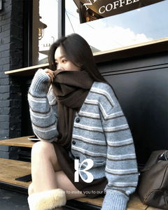 寬版條紋羊毛開襟外套