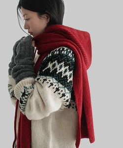 素色針織連帽圍巾