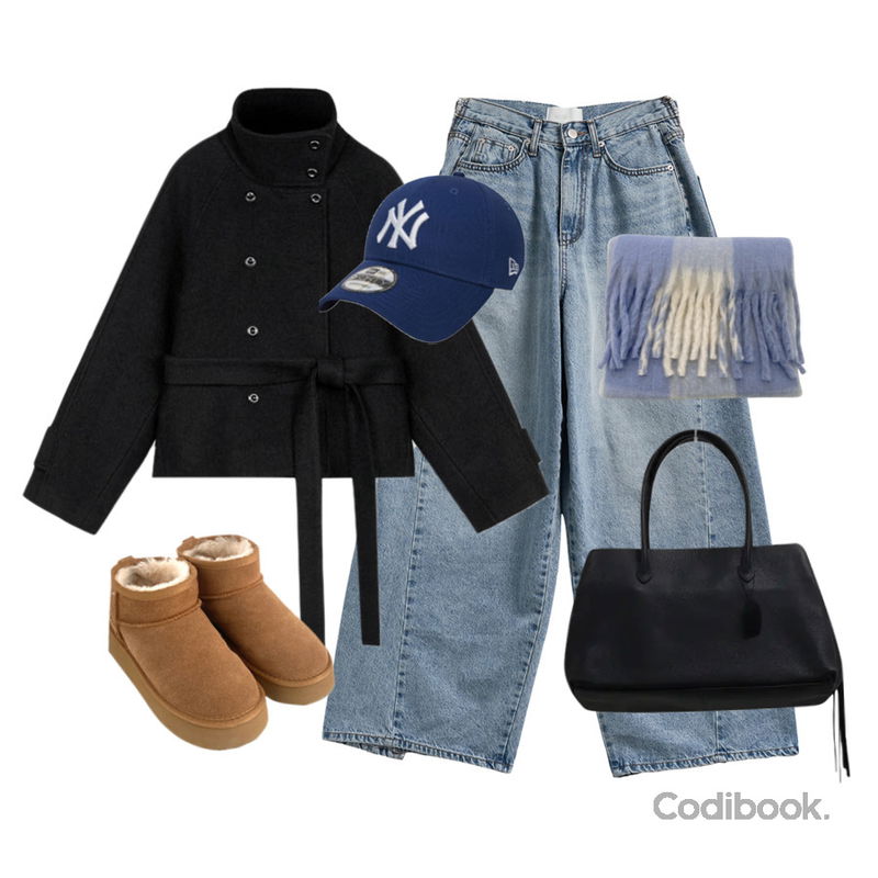 BEIDELLI 뉴욕핫템 통굽 미니 스웨이드 부츠,ondeed 롤드 모헤어 도톰 체크 롱 머플러 목도리,noirmute 에더프 더블 포켓 와이드 데님 팬츠 DOUBLE POCKET WIDE DENIM PANTS등을 매치한 코디