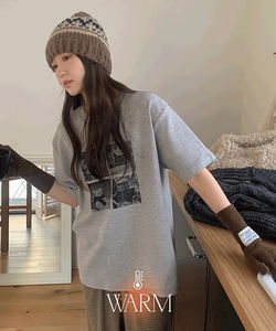 Motozu Outer Fleece-lined Overfit Printed Short Sleeve T-Shirt - 2 Colors