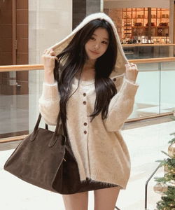 Bear Winter Hairy Button Overfit Knitwear Hooded Cardigan