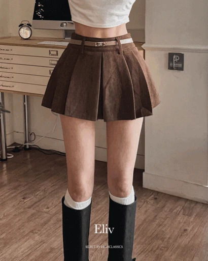 엘리브 하이웨스트 벨트세트 겨울치마 골덴 코듀로이 치마바지 플리츠 미니 스커트