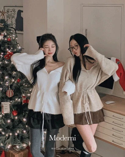 모더니 보트넥 입술넥 단추 허리끈 리본 나그랑 울 소프트 니트 가디건