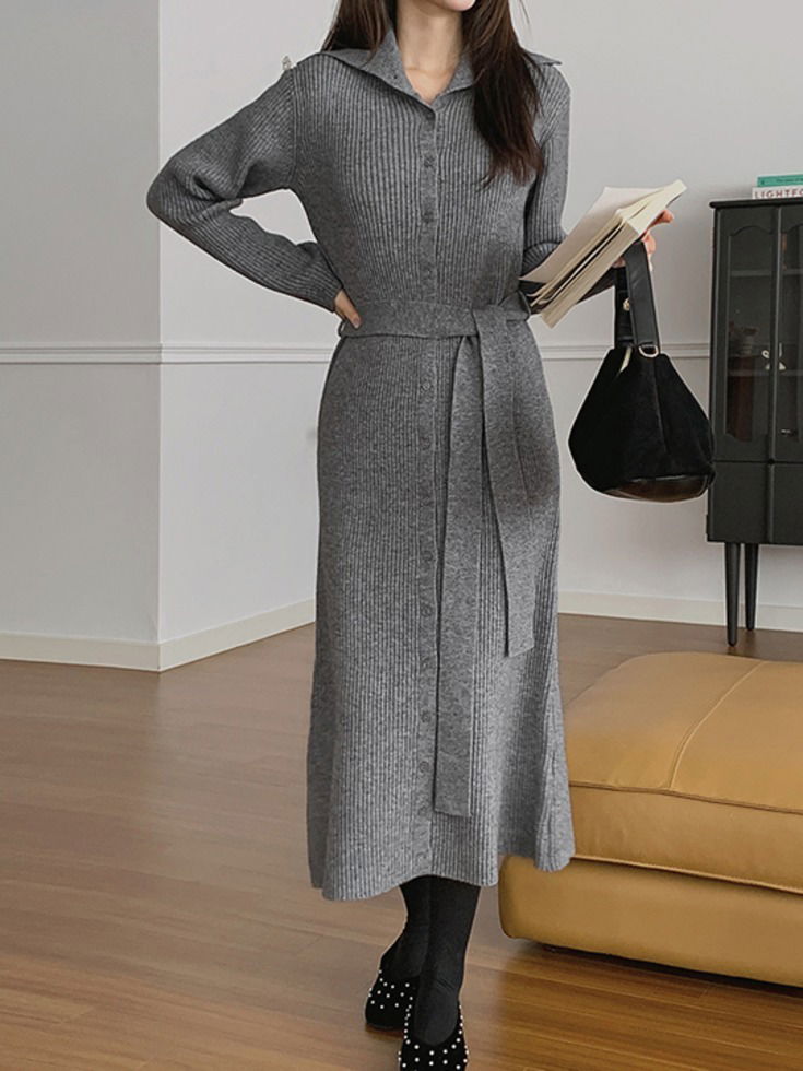 質感羅紋針織長版連身洋裝附腰帶