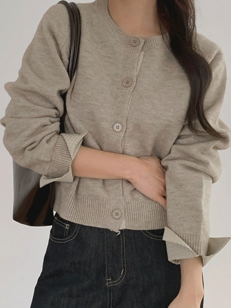 Cheddarti Check Color Block Round Neck Knitwear Cardigan